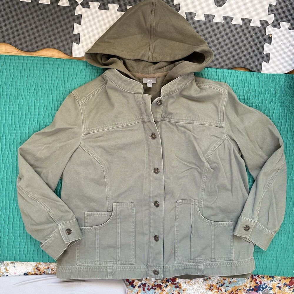J Jill Jacket 1X XL Army Green Canvas Jacket 2n1 Inner Liner Hoodie Vest Pockets